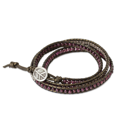 Leather and garnet wrap bracelet, 'Peace' - Fair Trade Leather Garnet and Silver Handcrafted Bracelet