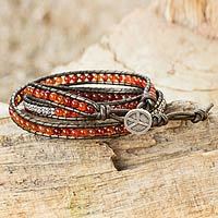 Leather and carnelian wrap bracelet, 'Peace' - Fair Trade Leather Carnelian and Silver Handcrafted Bracelet