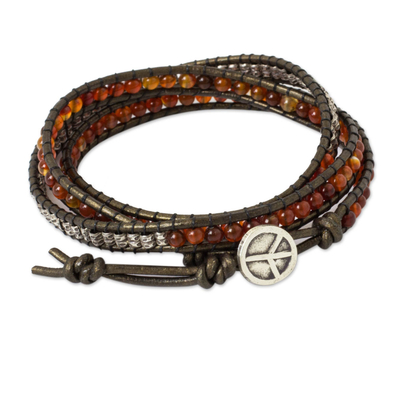 Leather and carnelian wrap bracelet, 'Peace' - Fair Trade Leather Carnelian and Silver Handcrafted Bracelet