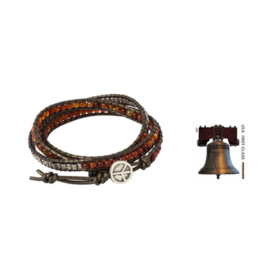 Leather and carnelian wrap bracelet, 'Peace' - Fair Trade Leather Carnelian and Silver Handcrafted Bracelet