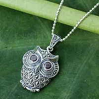 Marcasite and garnet pendant necklace, 'Curious Owl' - Unique Owl Themed Necklace with Garnet Eyes