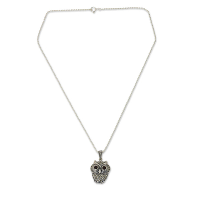 Marcasite and garnet pendant necklace, 'Curious Owl' - Thai  Silver and Marcasite Owl Necklace with Garnets