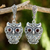 Marcasite and garnet dangle earrings, 'Curious Owl' - Thai  Silver and Marcasite Owl Earrings with Garnet thumbail