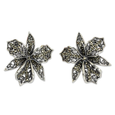 Marcasite button earrings, 'Jungle Orchid' - Fair Trade Sterling Silver Earrings with Marcasite