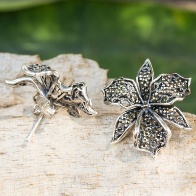 Marcasite button earrings, 'Jungle Orchid' - Fair Trade Sterling Silver Earrings with Marcasite