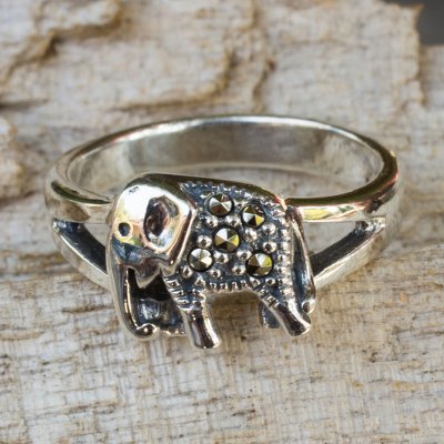 Marcasite cocktail ring, 'Thai Elephant' - Handcrafted Marcasite and Sterling Silver Cocktail Ring