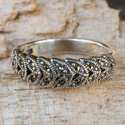 Marcasite cocktail ring, 'Olive Garland' - Handcrafted Marcasite and Sterling Silver Cocktail Ring