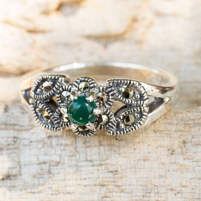 Marcasite cocktail ring, 'Verdant Bud' - Thai Marcasite and Green Agate Cocktail Ring