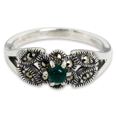 Marcasite cocktail ring, 'Verdant Bud' - Thai Marcasite and Green Agate Cocktail Ring