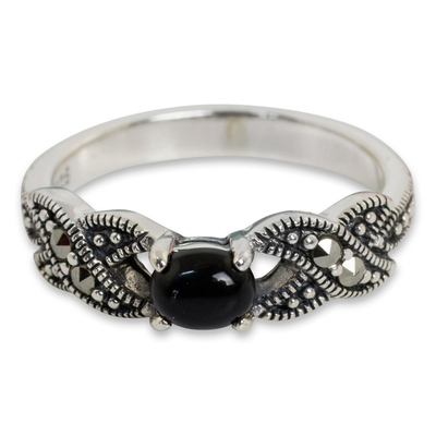 Onyx and marcasite cocktail ring, 'Romance at Midnight' - Thai Marcasite and Onyx Cocktail Ring