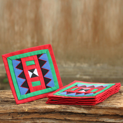 Lahu cotton coasters, 'Festivities' (set of 6) - Handwoven Lahu Hill Tribe Red and Green Cotton Coasters