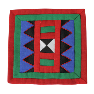 Lahu cotton coasters, 'Festivities' (set of 6) - Handwoven Lahu Hill Tribe Red and Green Cotton Coasters