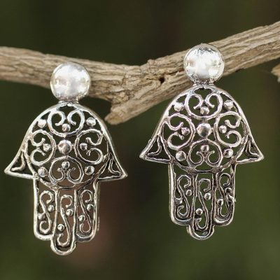 Sterling silver drop earrings, 'Thai Hamsa' - Fair Trade Sterling Silver Hand of Fatima Earrings