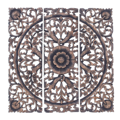 Reclaimed teakwood wall panels, 'Lavish Blooms' (triptych) - Hand-carved Reclaimed Teakwood Relief Triptych Wall Panel