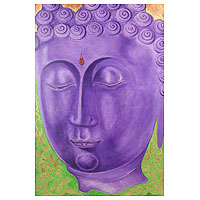 'Buddhist Faith II' - Purple Buddha Painting Signed Thai Fine Arts