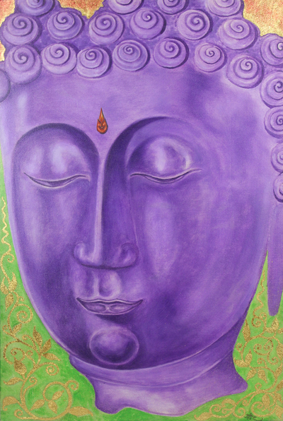 'Buddhist Faith II' - Purple Buddha Painting Signed Thai Fine Arts