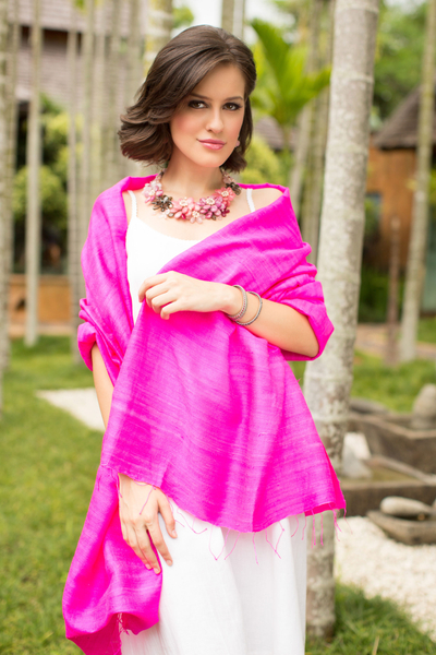 Silk shawl, 'Pink Lipstick' - Hot Pink Silk Batik Shawl from Thailand