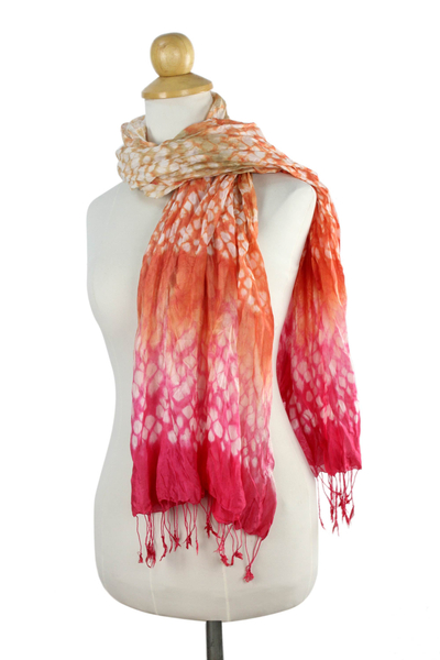 Bufanda tie-dye - Bufanda de mezcla de seda con efecto tie-dye naranja y rosa