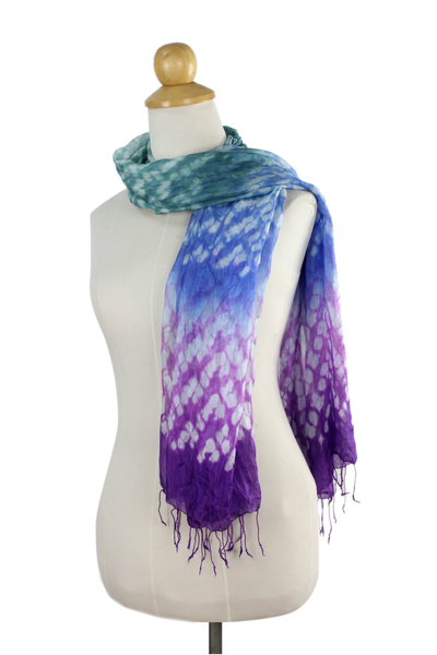 Tie-dyed scarf, 'Fabulous Purple' - Purple and Green Tie Dye Silk Blend Scarf