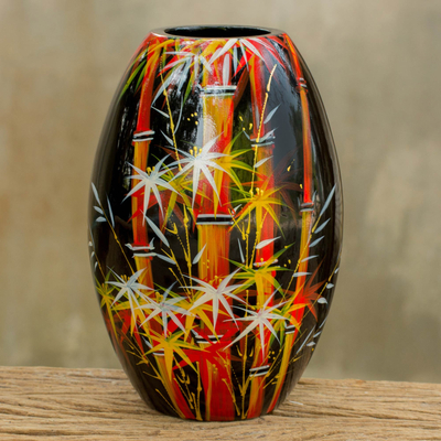 Lacquered wood decorative vase, 'Orange Bamboo Forest' - Handpainted Thai Lacquered Wood Decorative Vase