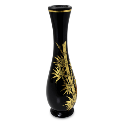 Lacquered wood decorative vase, 'Golden Bamboo' - Handcrafted Lacquer Wood Decorative Vase