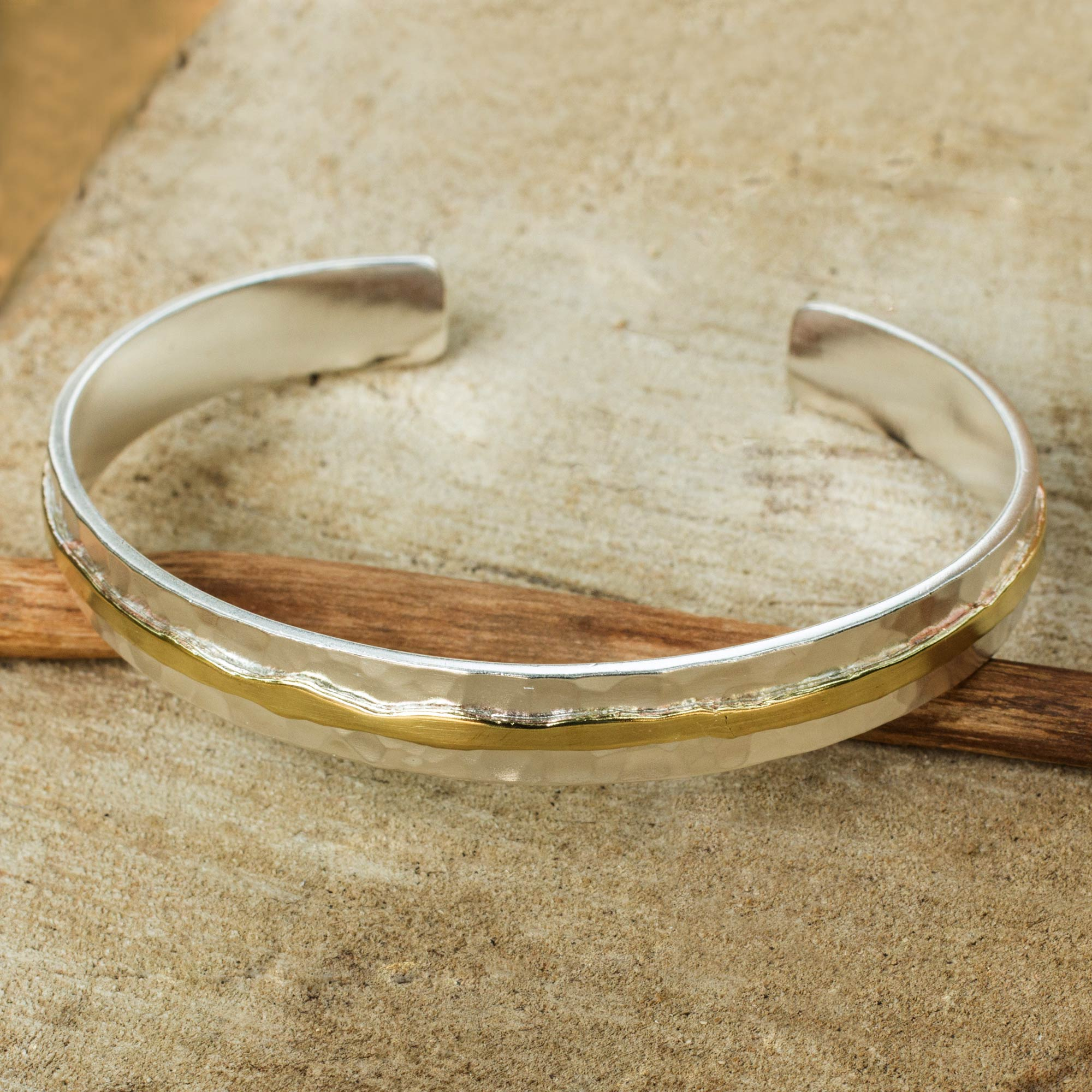 Gold Accent Sterling Silver Hammered Cuff Bracelet - Ripple Effect