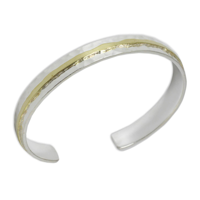 Gold accent sterling silver cuff bracelet, 'Ripple Effect I' - Gold Accent Sterling Silver Hammered Cuff Bracelet