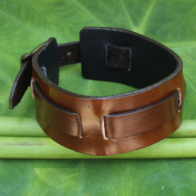 Men's leather wristband bracelet, 'Lanna Warrior in Brown' - Men's Artisan Crafted Leather Wristband Bracelet
