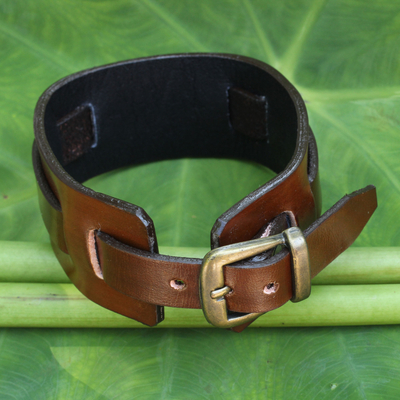 Men's leather wristband bracelet, 'Lanna Warrior in Brown' - Men's Artisan Crafted Leather Wristband Bracelet