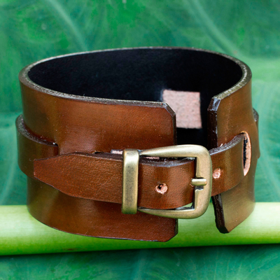 Men's leather wristband bracelet, 'Wider Lanna Warrior in Brown' - Men's Artisan Crafted Leather Wristband Bracelet
