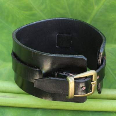 Men's leather wristband bracelet, 'Wider Lanna Warrior in Black' - Men's Artisan Crafted Leather Wristband Bracelet