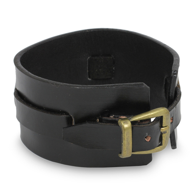 Men's leather wristband bracelet, 'Wider Lanna Warrior in Black' - Men's Artisan Crafted Leather Wristband Bracelet
