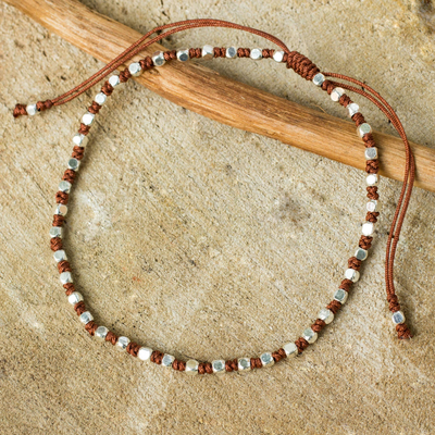 Silver accent beaded bracelet, 'Brown Boho Chic' - Artisan Crafted Silver Plated Macrame Bracelet