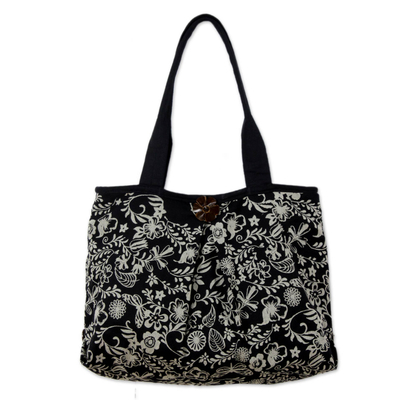 Cotton shoulder bag, 'Thai Shadow Garden' - Black and White Floral Cotton Purse