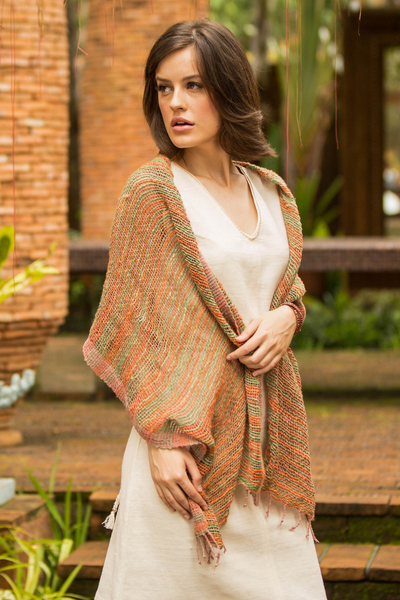 Cotton scarf, 'Breezy Green and Ginger' - Thai Green and Orange Cotton Shawl