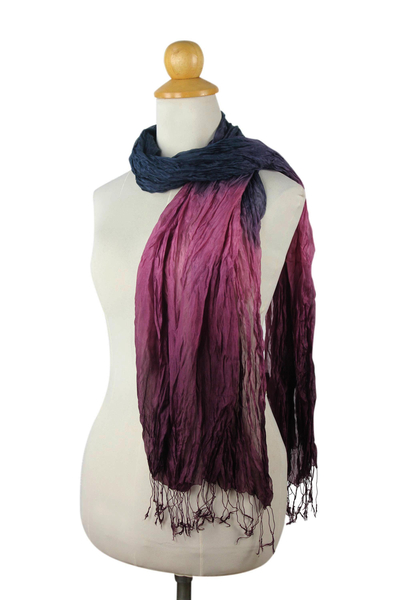 Silk scarf, 'Peacock Transition' - Blue Green Purple Silk Scarf
