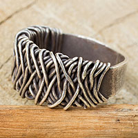 Sterling silver ring, 'Wide Spindle' - Sterling Silver Band Ring with Interwoven Metal Strands