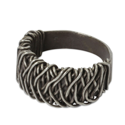 Sterling silver ring, 'Wide Spindle' - Sterling Silver Band Ring with Interwoven Metal Strands