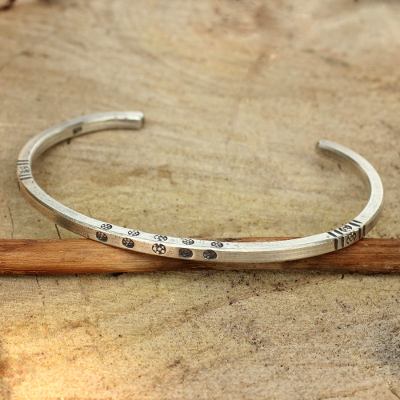 Bracelet, 'Hill Tribe Wildflowers' - Wildflower Motif Squared Sterling Cuff