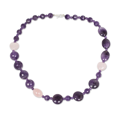 Amethyst and rose quartz beaded necklace, 'Romance' - Amethyst and Rose Quartz Handmade Necklace
