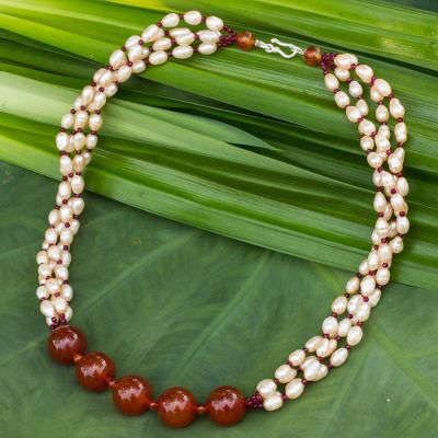 Cultured pearl and carnelian beaded necklace, 'Luscious Beauty' - Cultured Pearl Necklace with Garnet and Carnelian