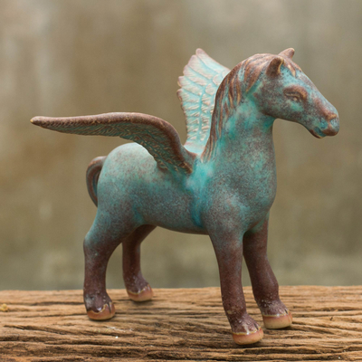 Celadon ceramic figurine, 'Antiqued Green Pegasus' - Antiqued Green Celadon Winged Horse Figurine