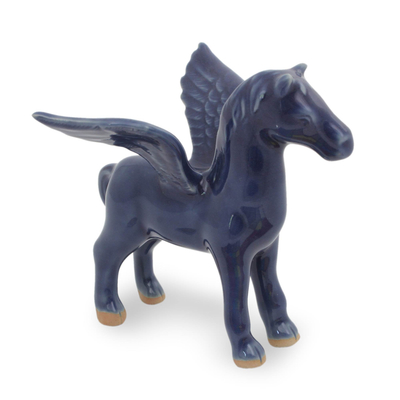 Celadon ceramic figurine, 'Sapphire Pegasus' - Green Celadon Winged Horse Figurine