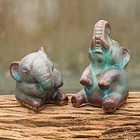 Celadon ceramic statuettes, 'Antiqued Happy Elephants' (pair) - Thai Celadon Ceramic Sculptures (pair)
