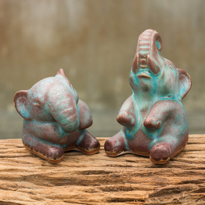 Celadon ceramic statuettes, Antiqued Happy Elephants (pair)