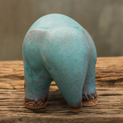 Figura de cerámica de celadón, 'Elefante turquesa' - Figura de cerámica de celadón turquesa moteada