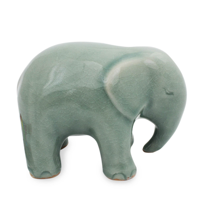 Green Celadon Ceramic Figurine - Emerald Elephant | NOVICA