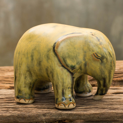Celadon ceramic figurine, 'Yellow Elephant' - Mottled Yellow Celadon Ceramic Figurine