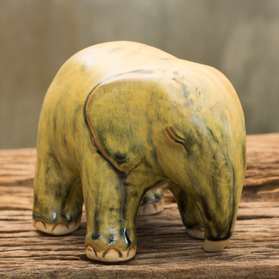 Celadon ceramic figurine, 'Yellow Elephant' - Mottled Yellow Celadon Ceramic Figurine