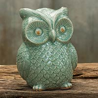 Celadon ceramic statuette, 'Light Green Wise Owl' - Handcrafted Glazed Celadon Ceramic Owl Statuette